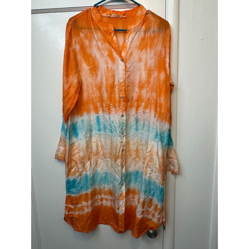 Soft Surroundings Silk Tie Dye Tunic Dress Orange Blue Button Front 2AF46 Size M